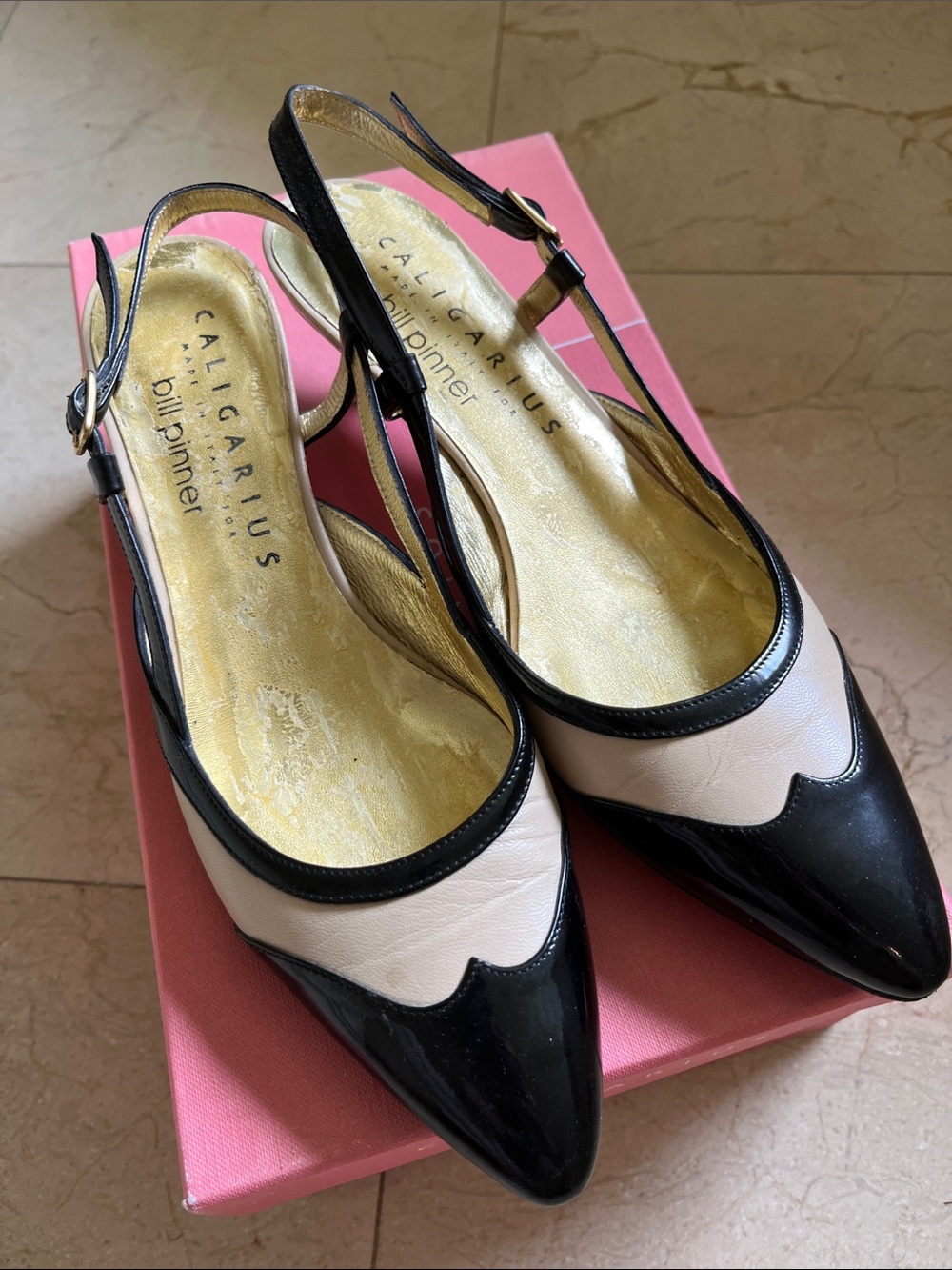 Caligarius Nude and Black Patent Leather Slingback Size 7.5 Narrow